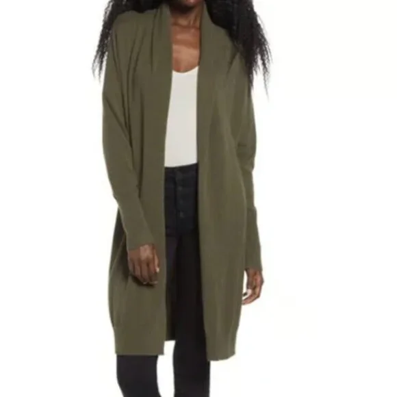 Leith Olive Green Extra Long Shawl-Collar Women’s Cardigan Size Small - Picture 1 of 7